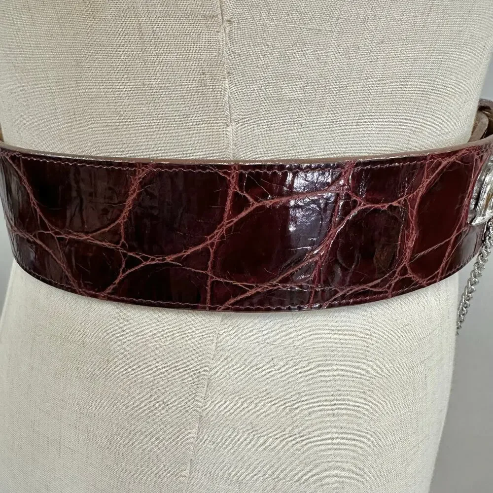 Catherine‎ Carson burgundy leather strap belt silver elephant & drop chain small